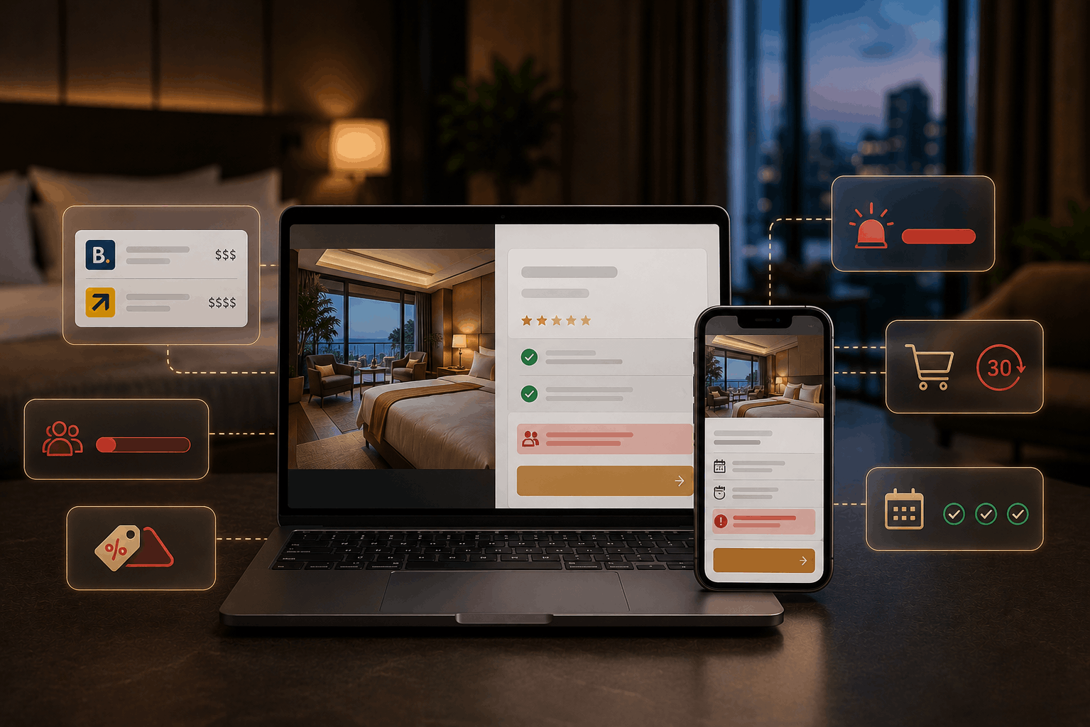 Booking engine conversion features including urgency messaging and OTA rate comparison